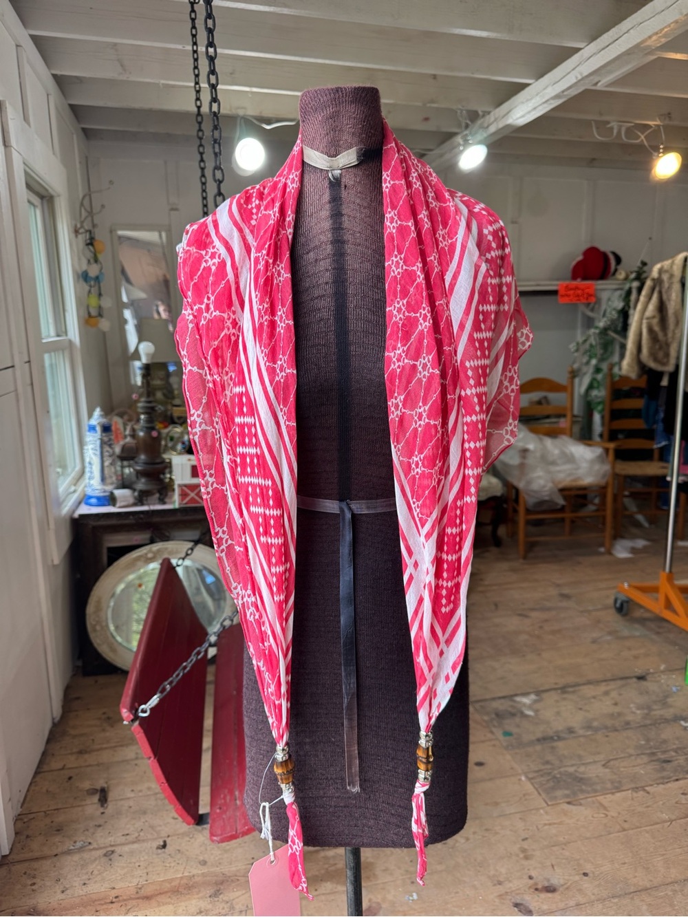 Gucci Red and White Patterned Silk Scarf Wrap